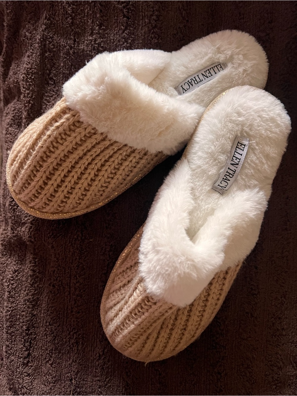 Ellen Tracy Cream-Tan Knit Faux-Fur Lined Women's Slippers